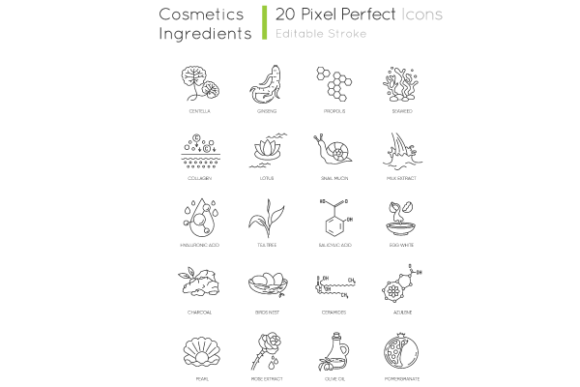 Cosmetic Ingredient Pixel Perfect Set: Clean Icons for Beauty Brand Graphics
