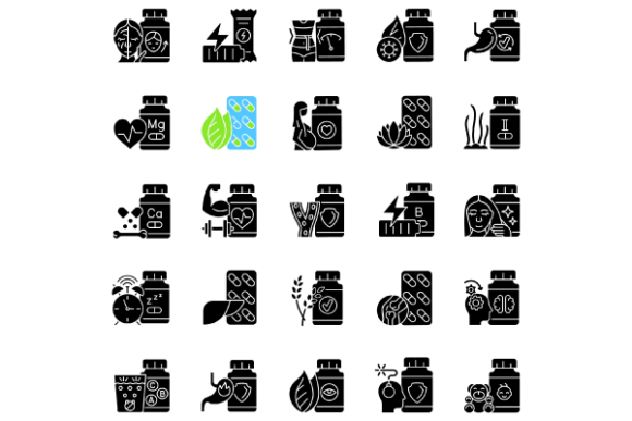 Food Supplements Black Glyph Icons Set: Graphics Review